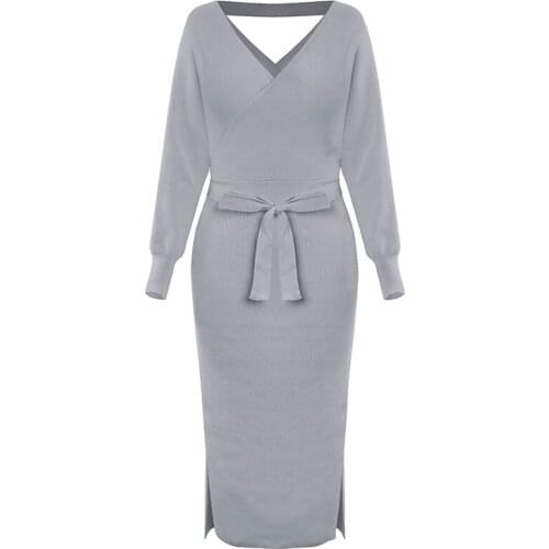 Women Long Sleeve Midi Dress V-Neck Sexy Side Split Office Dress fashion Ladies Gray lacing Formal Business Work Party Dresses