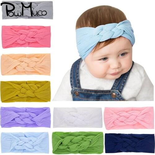Powmuco 17*7.5 CM Fashion Handmade Crossed Knotted Infant Headband Solid Color Baby Girls Elastic Nylon Hairband Birthday Gifts