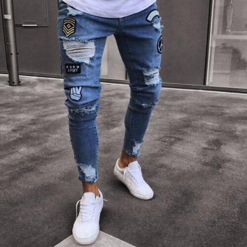 Dropshipping Stretchy Ripped hiphop Jeans Men Cartoon Patch Skinny Hole Embroidered Jeans Slim Fit Denim Pants Mens Trousers