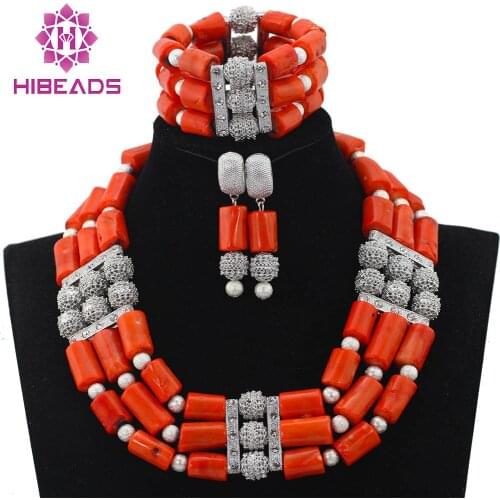 Luxury 3 Layers Quality Coral Beaded Statement Necklace Bracelet Earrings Set Nigerian Wedding Jewelry Set New CNR587