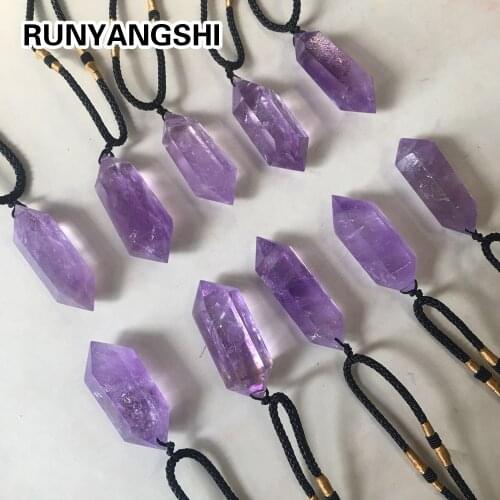 Runyangshi 1pc Natural Stone Pendants Amethyst Bullet Hexagonal Point Pendulum Column Reiki Healing Chakra Jewelry