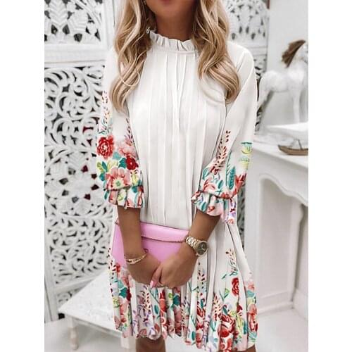 Sheinset Y2K Sexy Print Ruffle Trim Pleated White Party Women Floral Dress