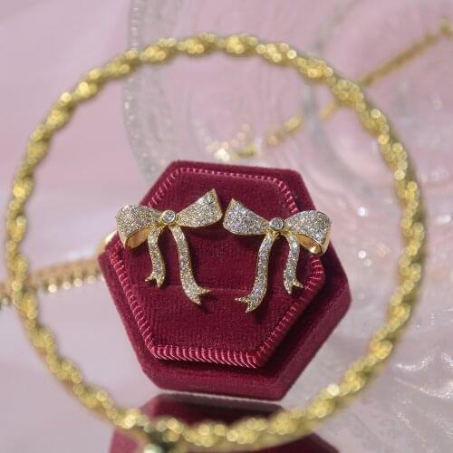 14k Real Gold Plated French Micro-inlaid Zircon Big Bowknot Exquisite Cute Earrings for Woman Shine Holiday Daily Stud Earring