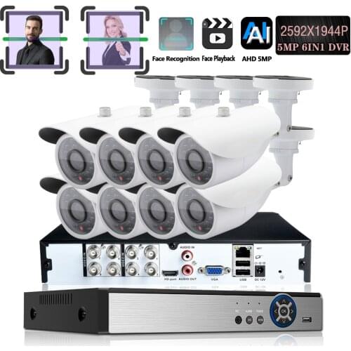 Home Security CCTV Camera System Surveillance Kit 8CH CCTV XVR NVR AHD Face identification DVR 2592P 5.0MP white Metal Camera