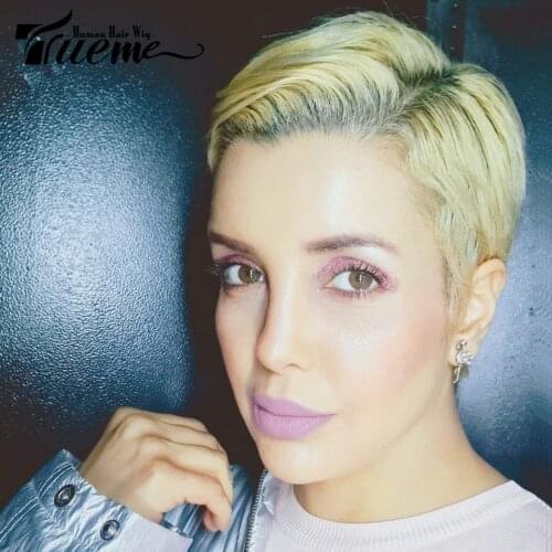 Trueme Short Lace Part Human Hair Wigs For Women Ombre Blonde 613 L Part Lace Wig Brazilian Pixie cut Lace Human Human Wig