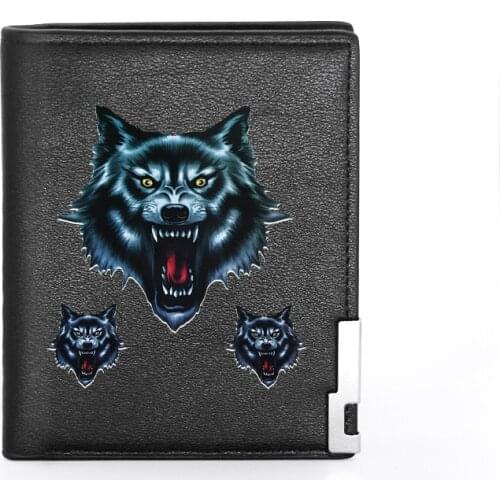 High Quality Luxury Three Wolf Heads Printing Leather Wallet Credit Card Holder Short Male Slim Purse For Men