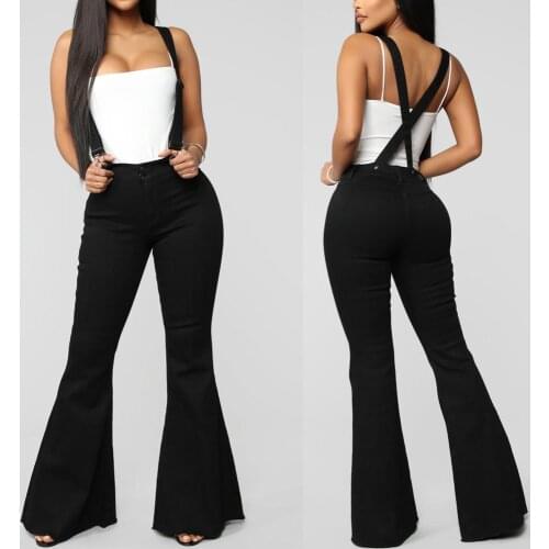 Womens high waist button zipper denim strap flared pants Flare Jeans Pants Trousers Stretch Joggers Denim Plus Size Bell Bottom