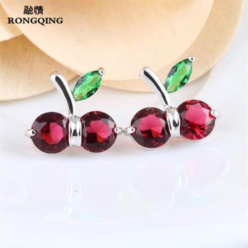 RONGQING High Quality Red Zircon Stud Earrings for Women Sister Brithday Gifts Cute Cherries Jewelry