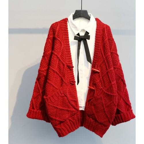 Women Autumn Winter New Horn Button Lazy Style V-Neck Cardigan Jacket 2020 Knitwear Coat Casual Solid Color Sweater for Ladies