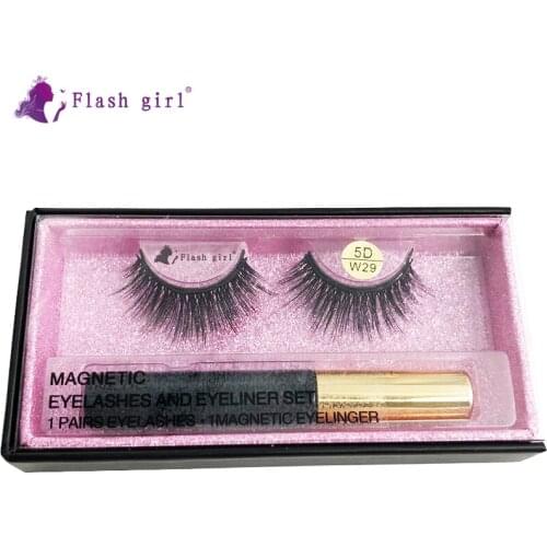 Flash Girl 1 Pair Thick Eyelashes Wholesale W29 Reusable 5D Mink Magnetic Eyelashes With Liquid Eyeliner Set For Beauty Makeup