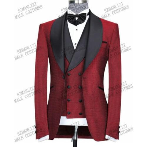 2021 New Arrival 3 Pieces Groomsmen Shawl Lapel Groom Tuxedos Burgundy Men Suits For Wedding Best Man Blazer (Jacket+Pants+Vest)