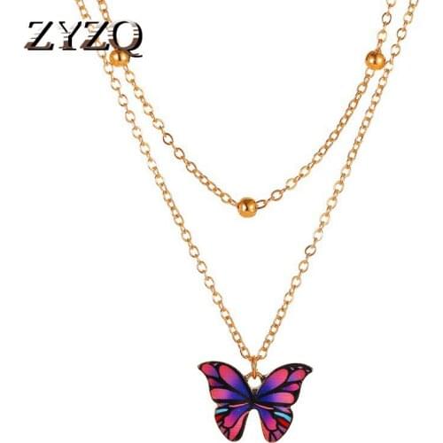 ZYZQ Retro Double-Layer Bead Butterfly Necklace Fantasy Color Butterfly Clavicle Chain Ins Trendy Jewelry