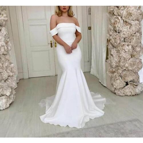 Elegant Long Off Shoulder Mermaid Wedding Dresses Custom Ivory Satin Boat Neck Floor Length Corset Back Bridal Gowns for Women