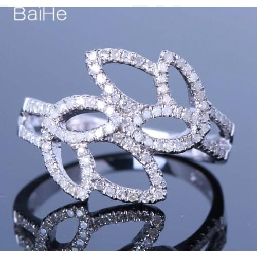BAIHE Solid 14K White Gold 0.6CT H/SI Round Natural Diamonds Wedding Women Trendy Fine Jewelry Delicate leaves Diamond Ring