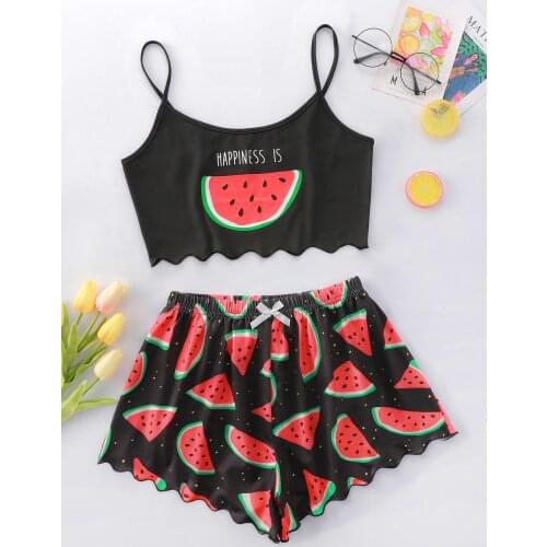 New Style Fashion Lady’s Summer Cartoon Watermelon Print Camisole With Shorts Pajama Set Comfort Home Wear Sleepwear Underwear