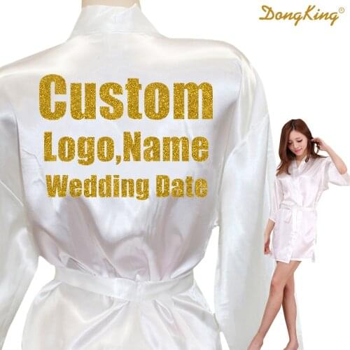 DongKing Custom LOGO Short Style Robes Bridal Party Kimono Robe Personalize Wedding Party Gold Glitter Print Satin Robes