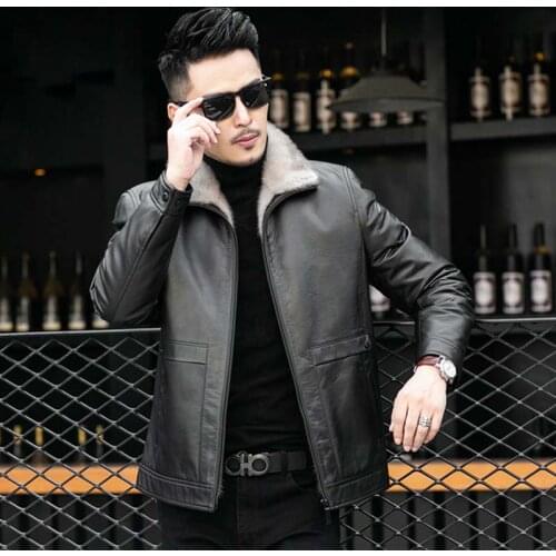 Winter Mink Liner Shearling Men Fashion Casual Coat Genuine Cow Leather Clothes Thick