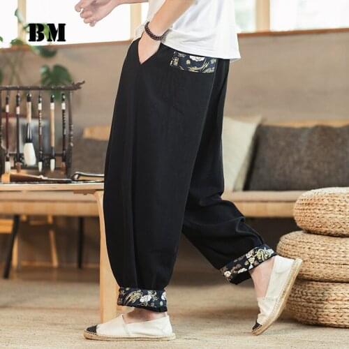 Chinese Style Loose Plus Size Casual Trousers Men Clothing Ethnic Style Patchwork Cotton Linen Oversized Harem Pants Male