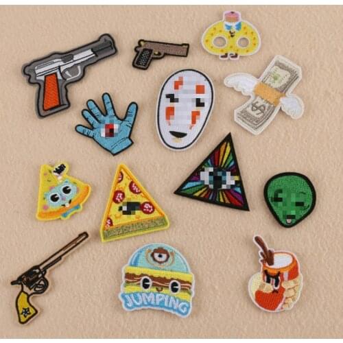 50pcs/lot Embroidery Patches Letter Clothing Decoration Accessories Gun Palm Banknote Iron Heat Transfer Applique Strange Biker