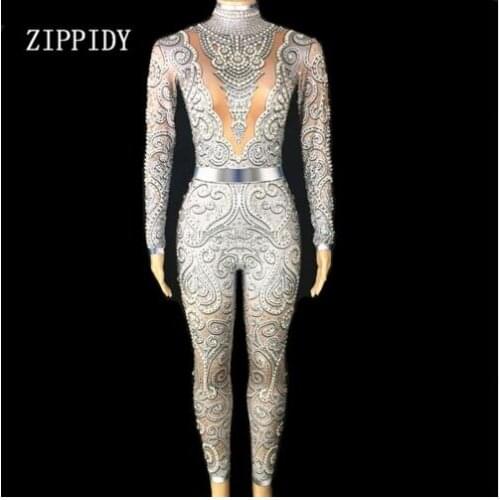 Newest Silver Crystals Gray Jumpsuit Womens Birthday Celebrate outfit Stretch Sexy Bodysuit Stage Performance Dance Rompers