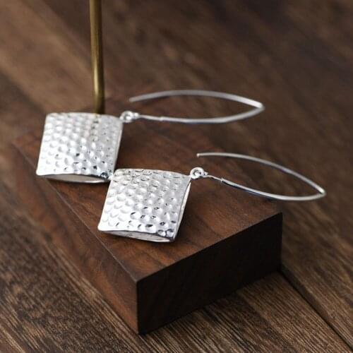 BOCAI New real S925 pure silver fashion female earrings rhombus knock face pierced long solid 925 silver woman earrings