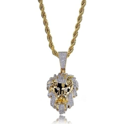 Hip Hop Glittering Zircon Lion Head Pendant Necklace Ice Men and Women Fashion Jewelry