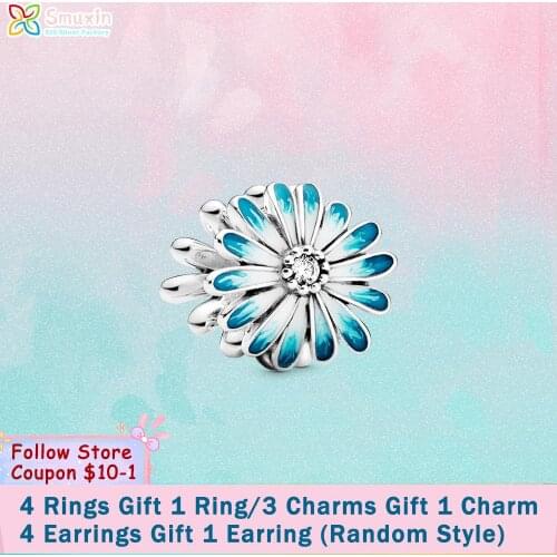 Smuxin 925 Sterling Silver Beads Blue Daisy Flower Charms fit Original Pandora Bracelets for Women Jewelry Making Gift