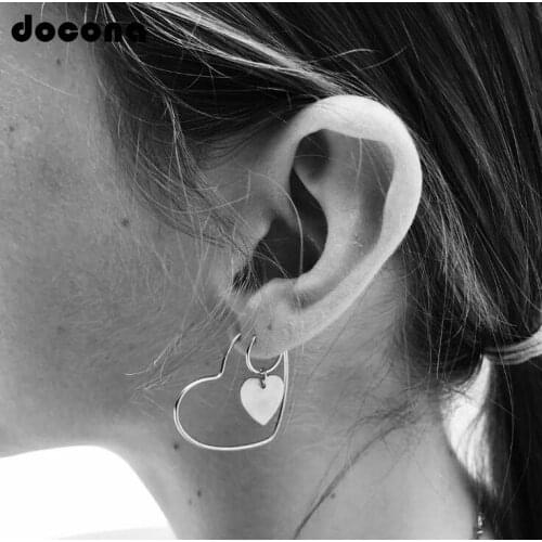 Docona Punk Silver Color Double Heart Stud Earring Set for Women Heart-shaped Studs Earring Boho Jewelry Brincos 6180