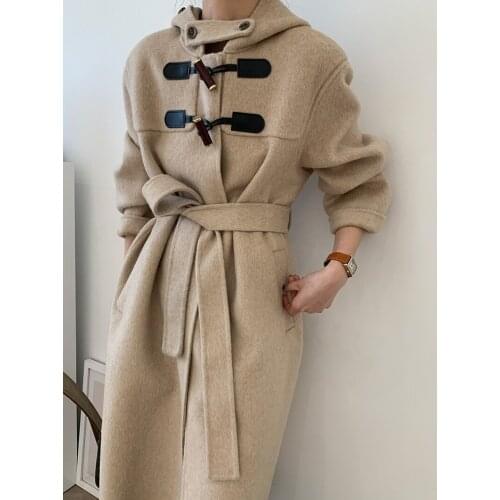High-end hooded koala velvet horn buckle mid-length double-sided woolen coat jacket female Korean version 21 new