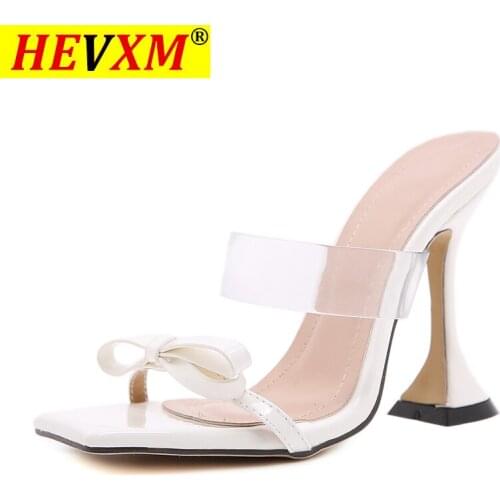 2021 Square toe ladies slippers transparent PVC high heels fashion bow-knot slides sandals woman dress party shoes women pumps