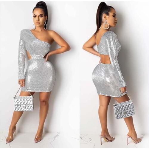 Sexy Package Hip Sequins Skinny Mini Dress New Fashion Womens Silvery One-Shoulder Sleeve Club Party Bling Short Dress Vestidos