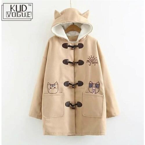 Girls Japanese Kawaii Warm Winter Hooded Jacket Cartoon Woolen Pocket Embroidery Cat Horn Buckle Long Coat Thick Wool Mori Girl