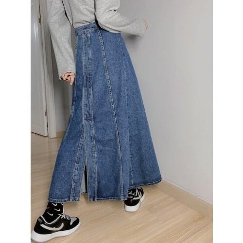 TIYIHAILEY Free Shipping 2021 New Fashion High Waist S-XL Long Maxi A-Line Skirts With Slit Women Blue Spring Summer Denim