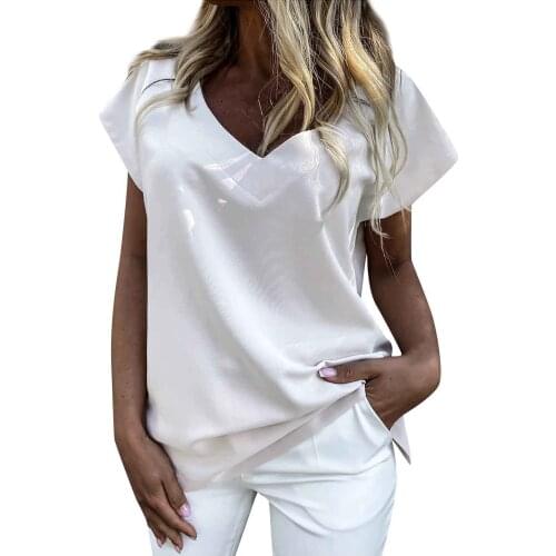 Soild Sexy Womens Tunic Fashion V-neck Short Sleeve Blouses Tops Summer Casual Shirts Elegant Womens Clothing Roupas Femininas