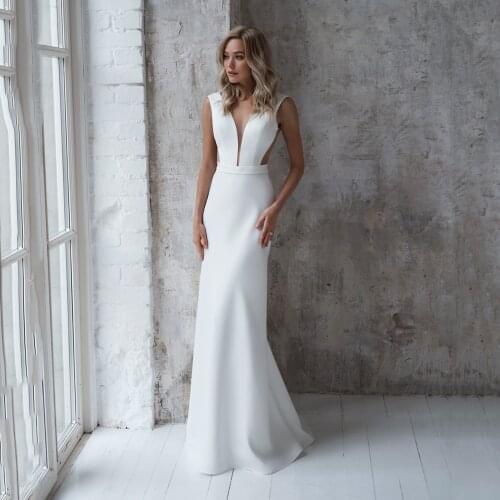 UZN Sexy Wedding Dress V-Neck Trumpet Bridal Gown Cheap Satin Wedding Gowns With Bow