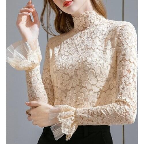 Kislady Spring Autumn Turtleneck Hollow Out Gothic Shirt Sexy Lace Patchwork Flare Sleeve Shirts Korean Floral Charming Clothes