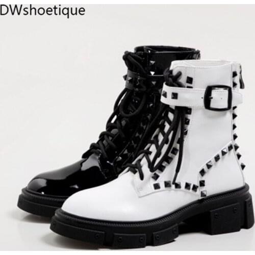 Rivet genuine leather women ankle boots chunky heel lace up casual booties