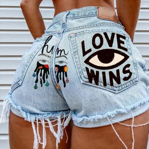 Wholesale summer hot sale eyes graffiti LOVE pattern ripped fringed ladies denim shorts button shorts