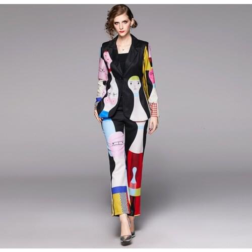 2020 Fall Fashion Women pant suits Cartoon Print Long Sleeve Business Suits Casual Ladies Blazer with Pant Two Piece Sets