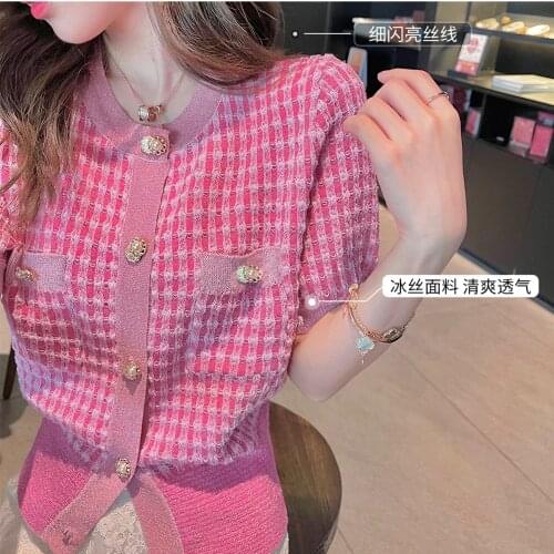 Plaid Thin Summer Sweater Cardigan Women 2021 New Fashion O-Neck Elegant Short Sleeve Clothes Tops Knitting Jacket Outwear Ropa