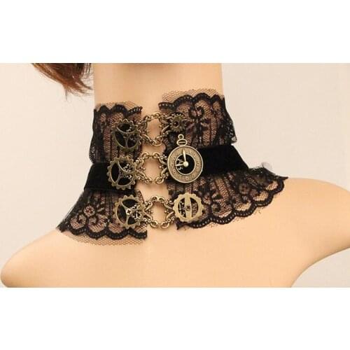 Elegant Black Lace and Metal Gears Linked Women`s Steampunk Choker Lace Necklace Jewelry