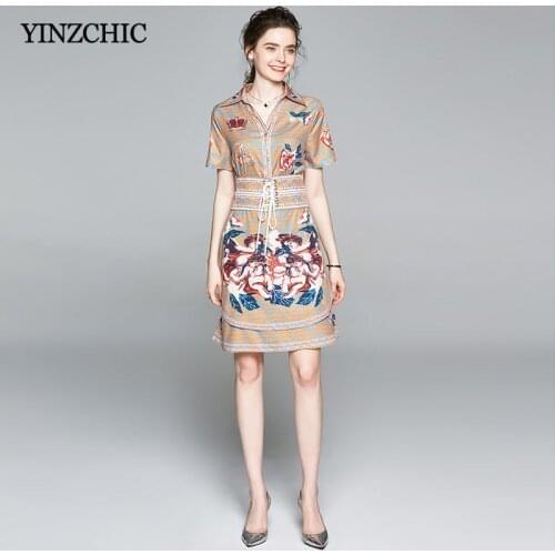 New Summer Woman Print Dress Turn-down Collar Ladies Elegant Party Skirts Angels Printed Womans Party Layered Skirt Dress