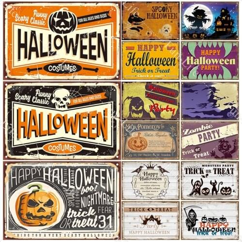 Halloween Pumpkin Tin Sign Vintage Plate Bat Poster Painting Festival Metal Signs Home Decor For Bar /Art/Party/School 20x30cm