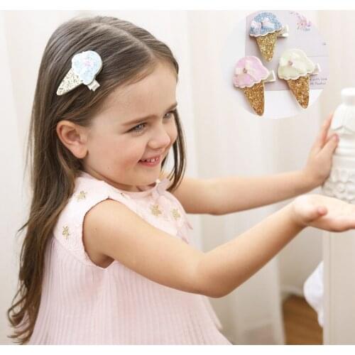 1pc Light Yellow Glitter Ice Cream Hair Clips Cone Shape Food Hair Barrettes Organze Bow Pink Dessert Kid Hairpin Accessory Gift