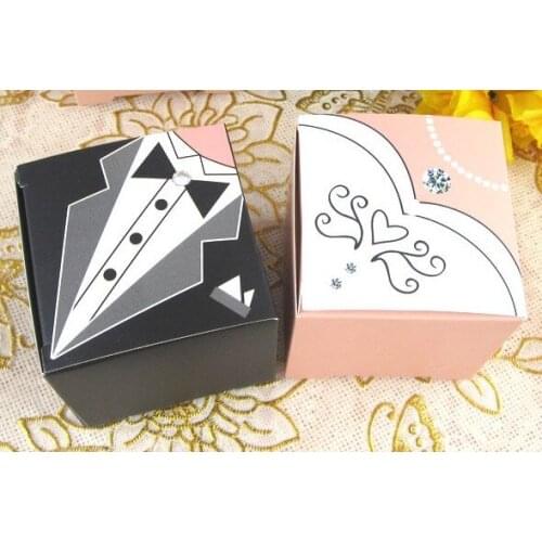 200Pieces/Lot=100Pairs Black Tux and White Gown Wedding Favor box in Square shape for Event and Party Gift box and Bridal favor