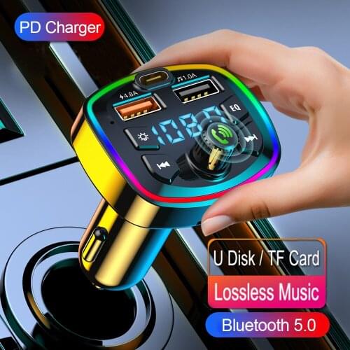 JINSERTA Car Bluetooth 5.0 FM Transmitter Type-C Dual USB Charger Atmosphere Light Mp3 Player U Disk TF Card Lossless Music