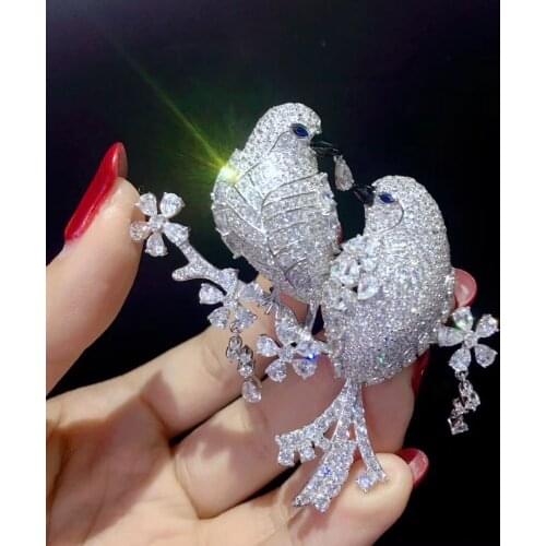 Unisex brooch 925 sterling silver with cubic zircon double birds brooch pins fine women men jewelry free shipping bling bling