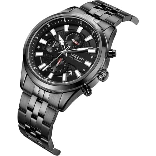 MEGIR Mens Quartz Wrist Watch Men Stainless Steel Band Chronograph Mens Watches Luminous Waterproof Men Quartz Wristwatches