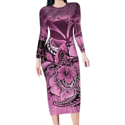 HYCOOL Polynesian Sea Turtle Dress For Women Winter Long Round Collar Bodycon Casual Dress Elegant Party Club Clothes Floral