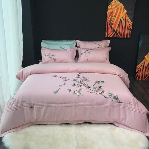Chinese Style 100% Cotton Pink Sanding Printed Flower Bedding Set Embroidered Bed Sheet Duvet Cover Pillowcase Queen King 4pcs